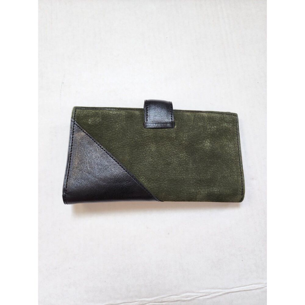 Vintage Colorblock Leather & Suede Long Bifold Wallet Black Green - Picture 3 of 9